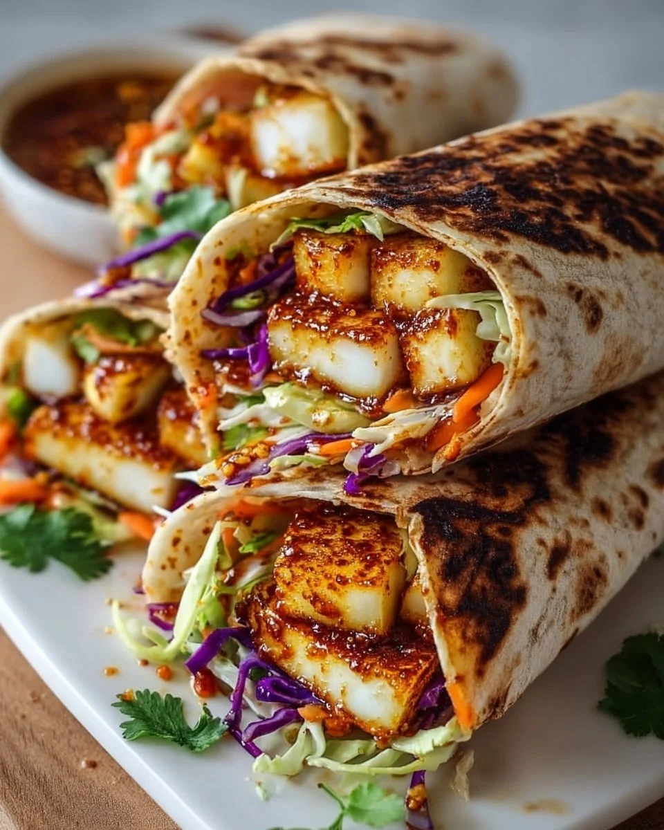 Delicious Sweet Chili Halloumi Wraps served with fresh vegetables