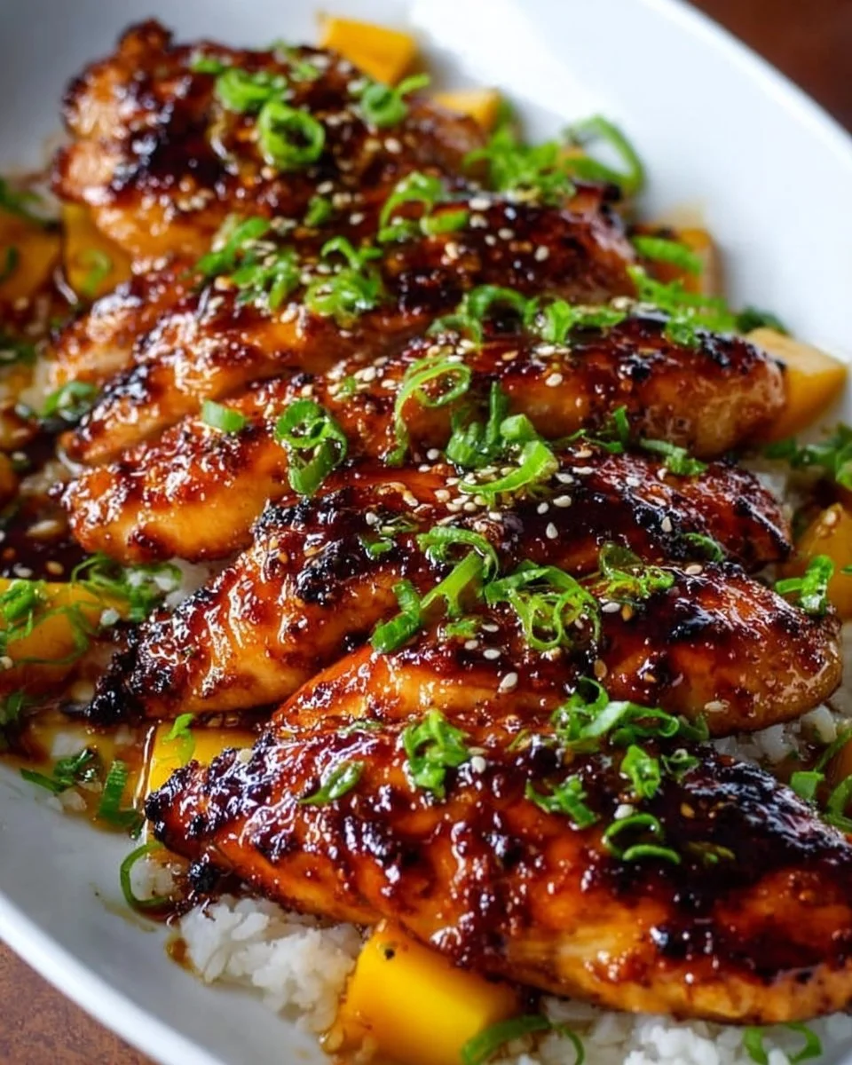 Delicious mango glazed chicken twists served with fresh herbs and Asian spices