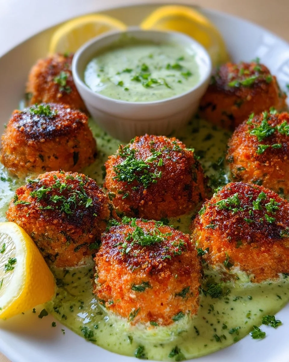Baked salmon meatballs served with avocado sauce on a plate.