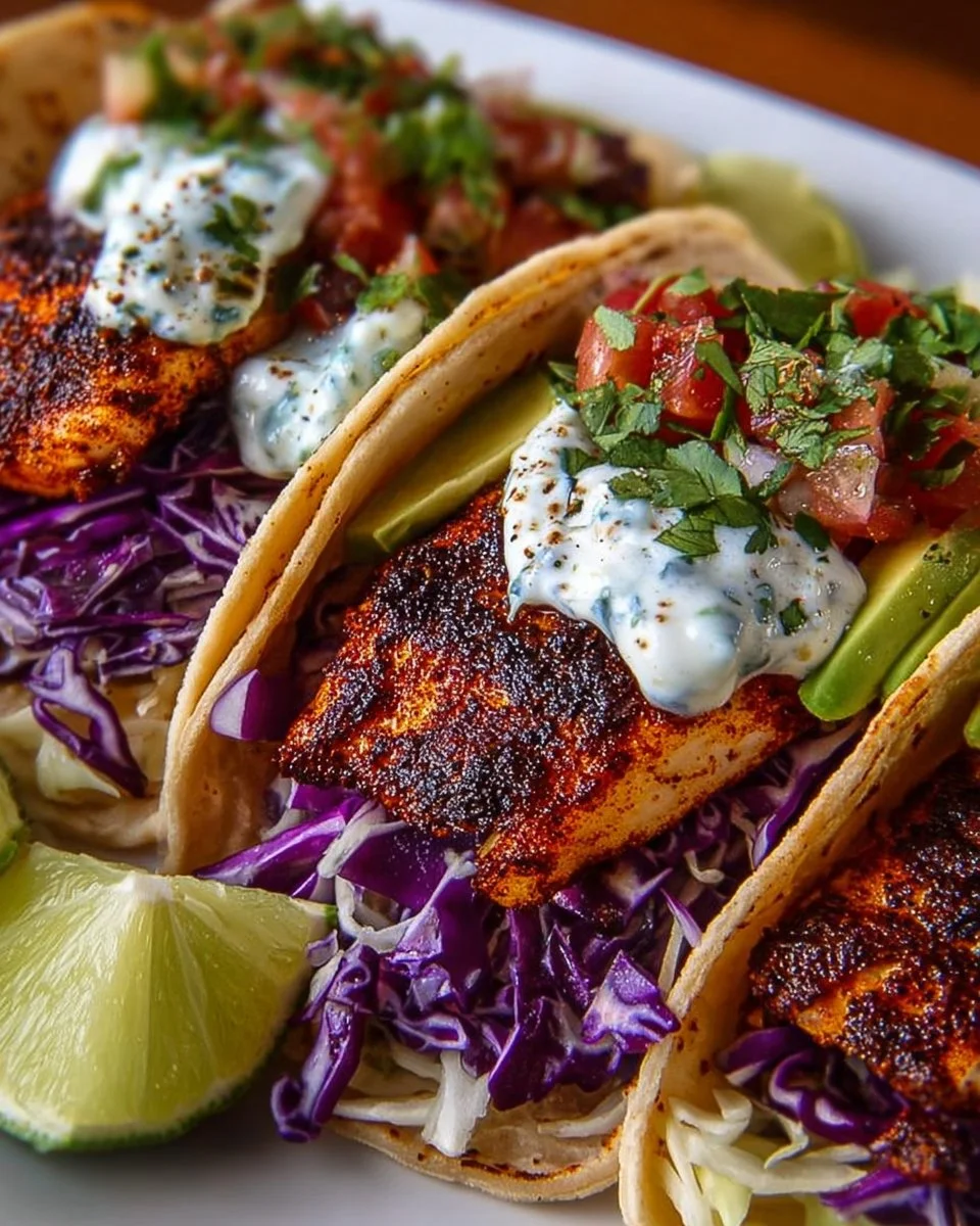 Delicious blackened fish tacos topped with fresh ingredients and served on a plate.