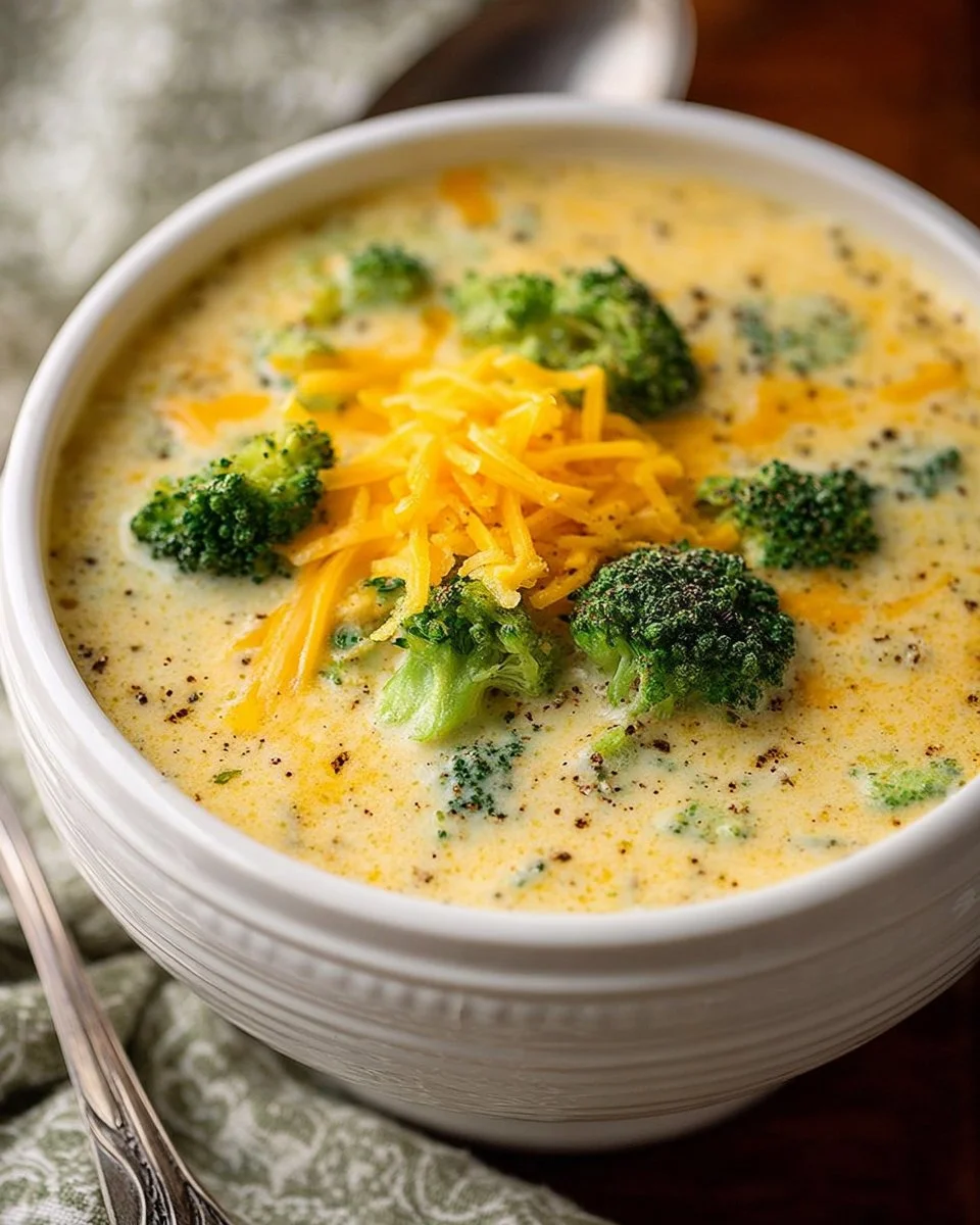 Bowl of creamy Broccoli Cheddar Soup garnished with fresh herbs