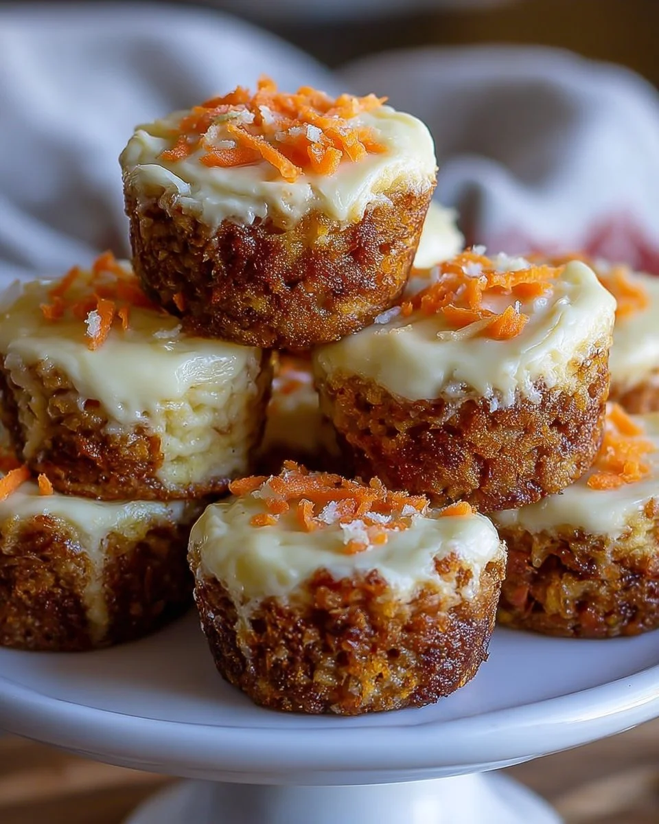 Delicious carrot cake cheesecake bites topped with cream cheese frosting.