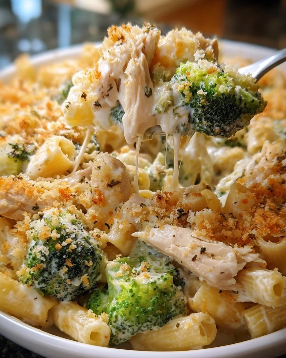 Delicious Chicken Alfredo Bake topped with cheese and parsley