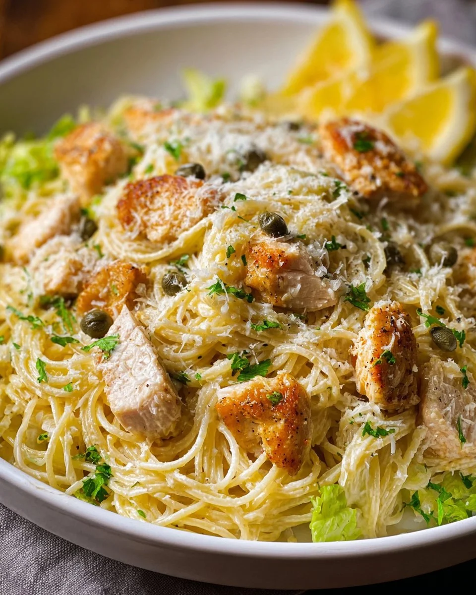 Delicious Chicken Caesar Pasta served in a bowl with fresh greens and croutons