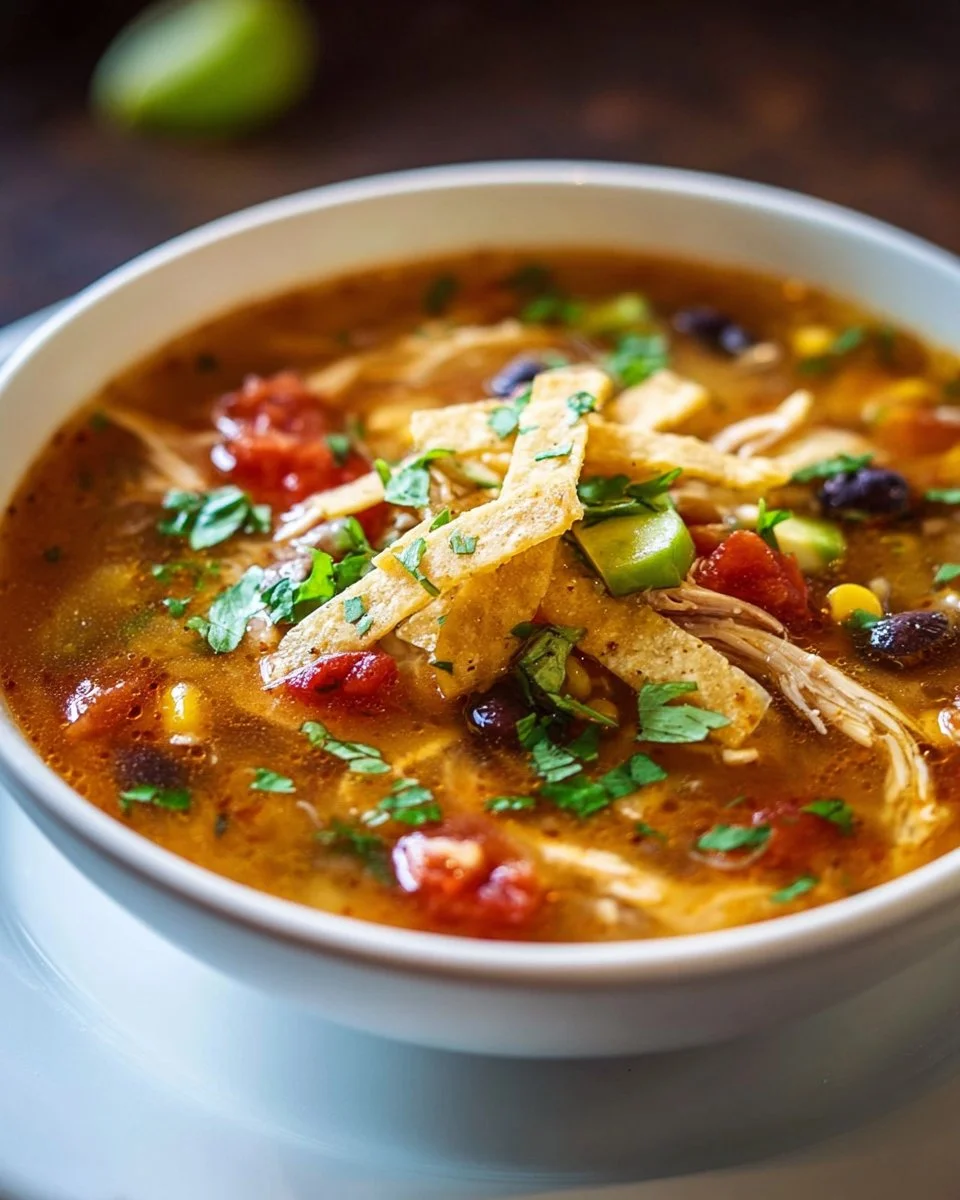 Bowl of Chicken Tortilla Soup topped with crispy tortilla strips and fresh herbs