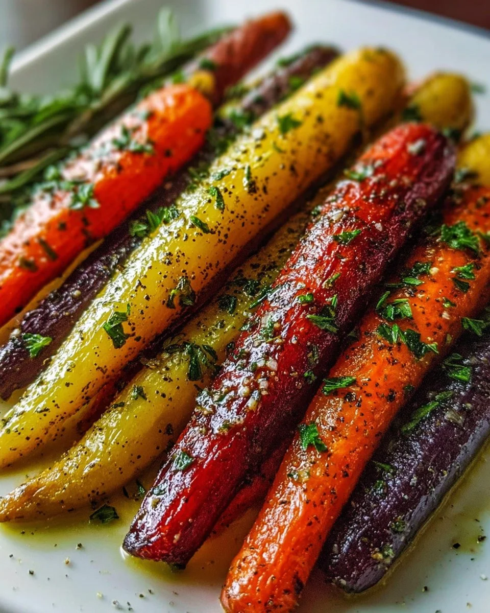 Plate of colorful roasted rainbow carrots garnished with herbs