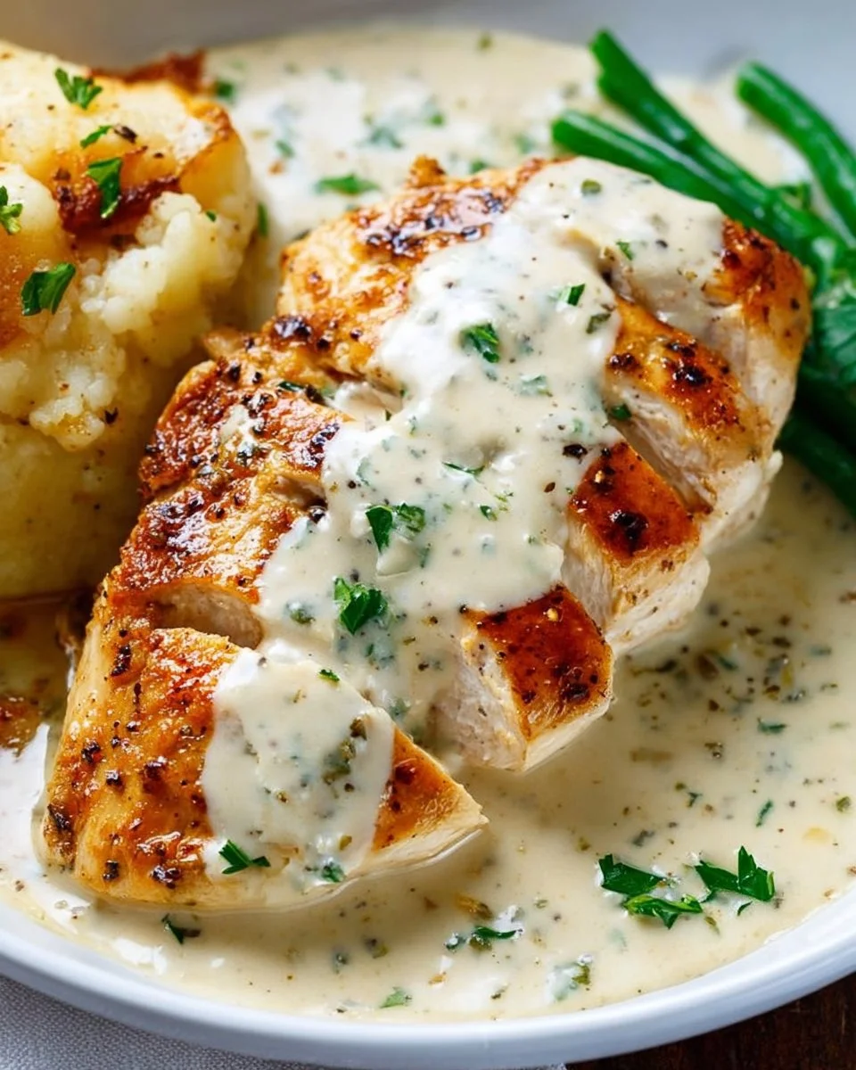 Creamy Ranch Chicken Breast garnished with herbs on a white plate.
