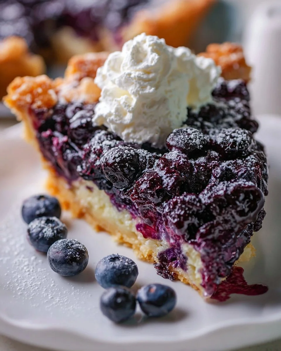 Delicious crustless blueberry pie served on a plate with fresh blueberries