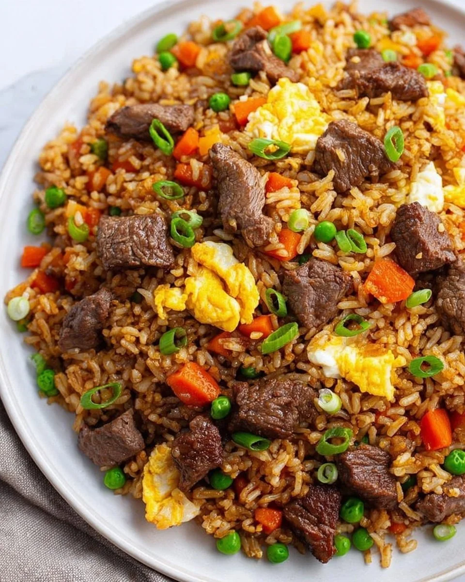 Bowl of easy beef fried rice with scrambled eggs and colorful vegetables