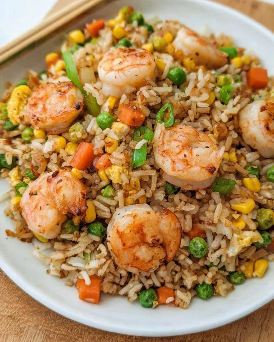 Easy shrimp fried rice featuring colorful vegetables and succulent shrimp