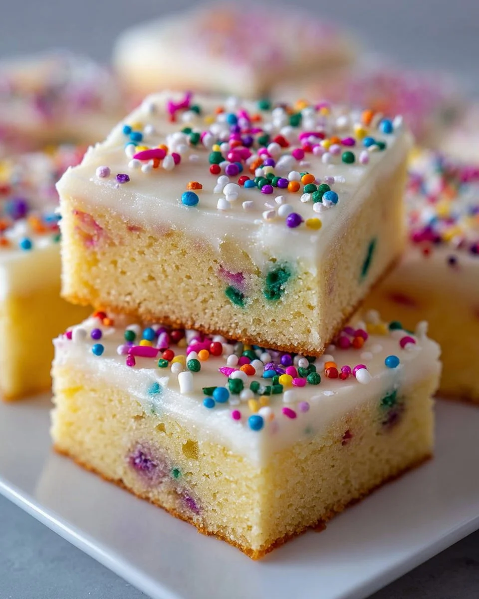 Delicious frosted sugar cookie bars topped with colorful icing