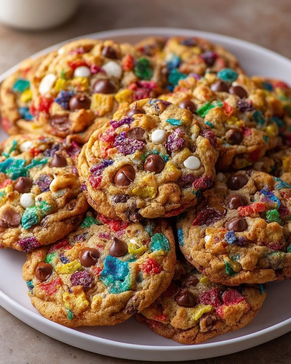 Delicious Fruity Pebbles Cookies on a plate, colorful and chewy treats.