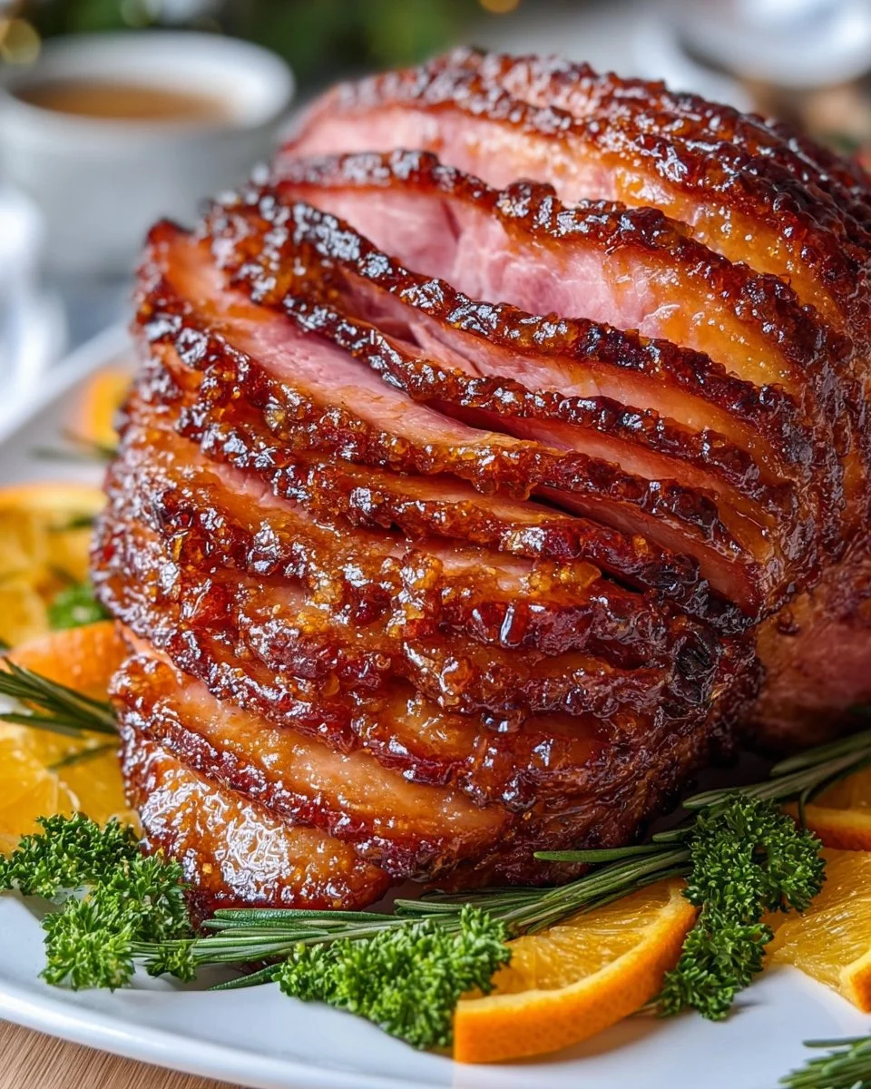 Delicious glazed ham served on a festive table with sides