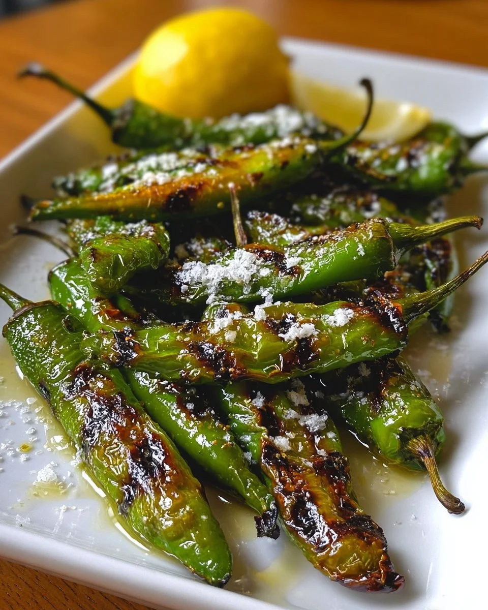 Grilled shishito peppers on a plate garnished with seasoning.