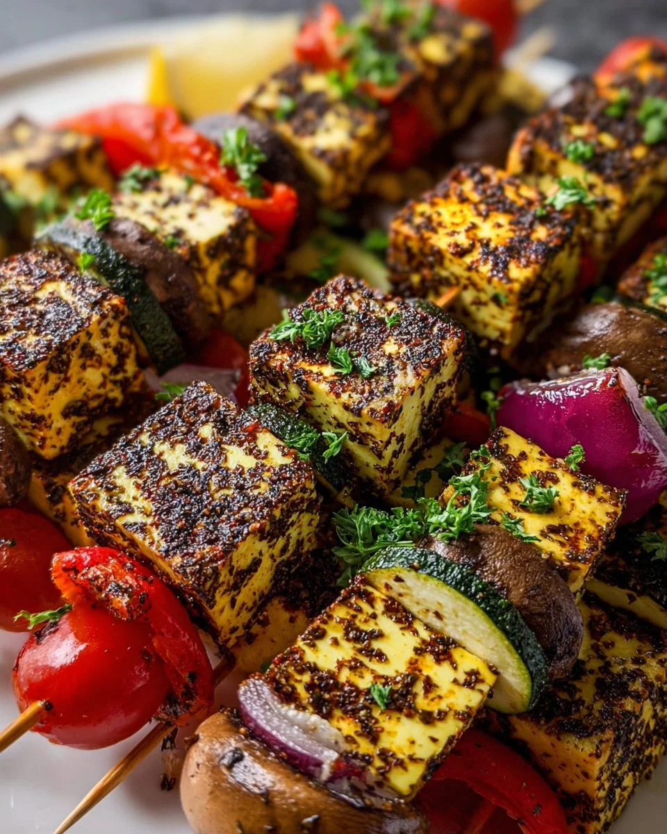 Grilled Za’atar Tofu Skewers on a plate with fresh vegetables