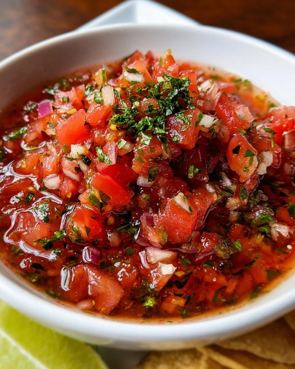 Bowl of vibrant homemade salsa made with fresh ingredients.