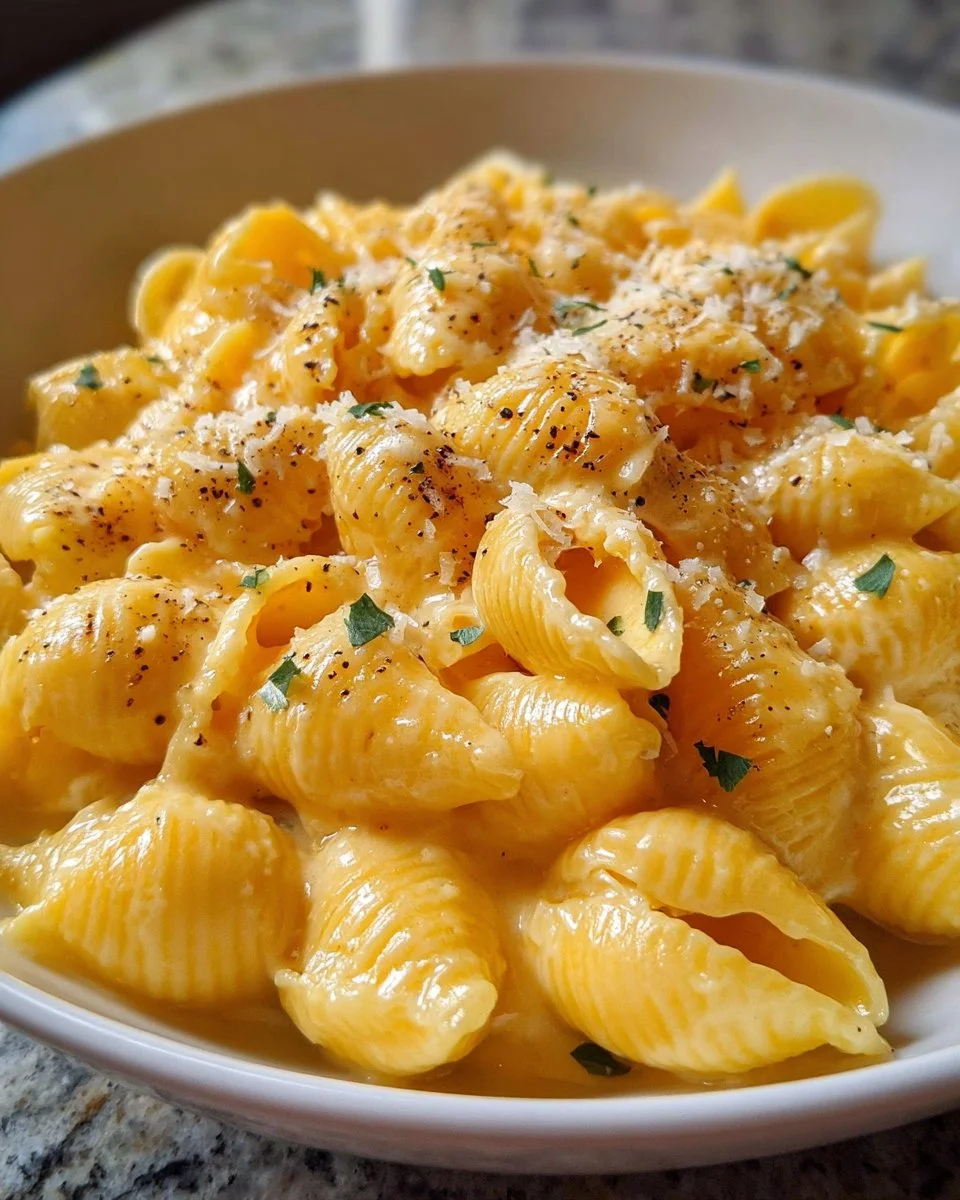 Bowl of homemade shells and cheese topped with breadcrumbs and herbs