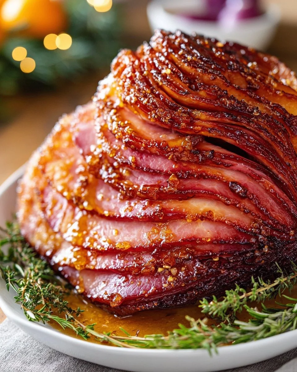 Delicious Honey Baked Ham ready to serve with a golden glaze and garnished.
