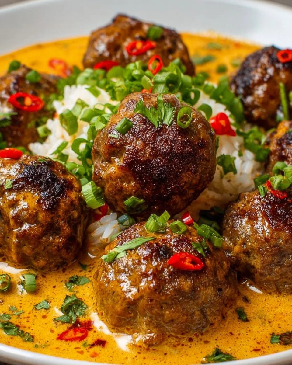 Jerk meatballs in a creamy coconut curry sauce served in a bowl.