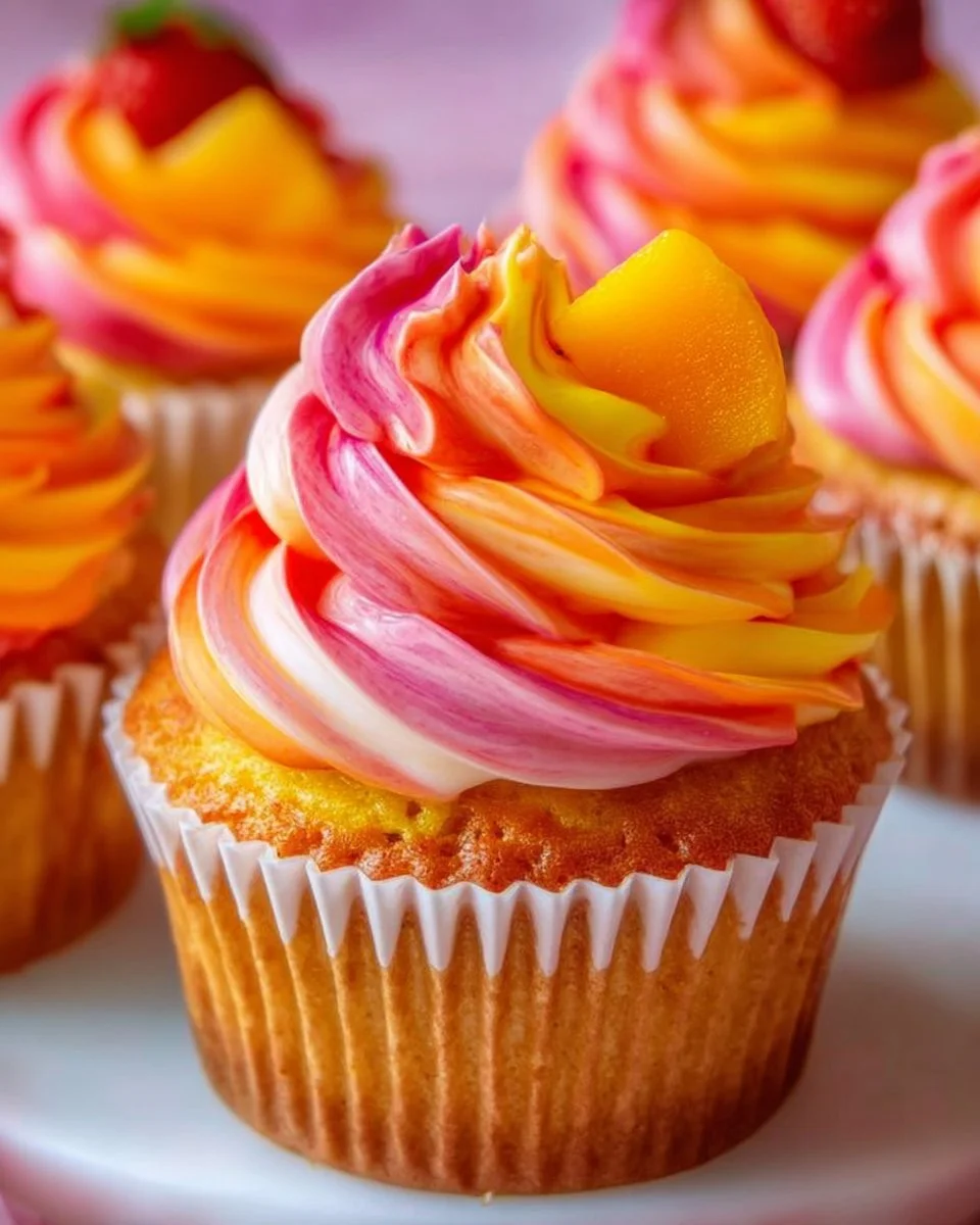 Mango Strawberry Sunset Cupcake with vibrant colors and fresh fruits