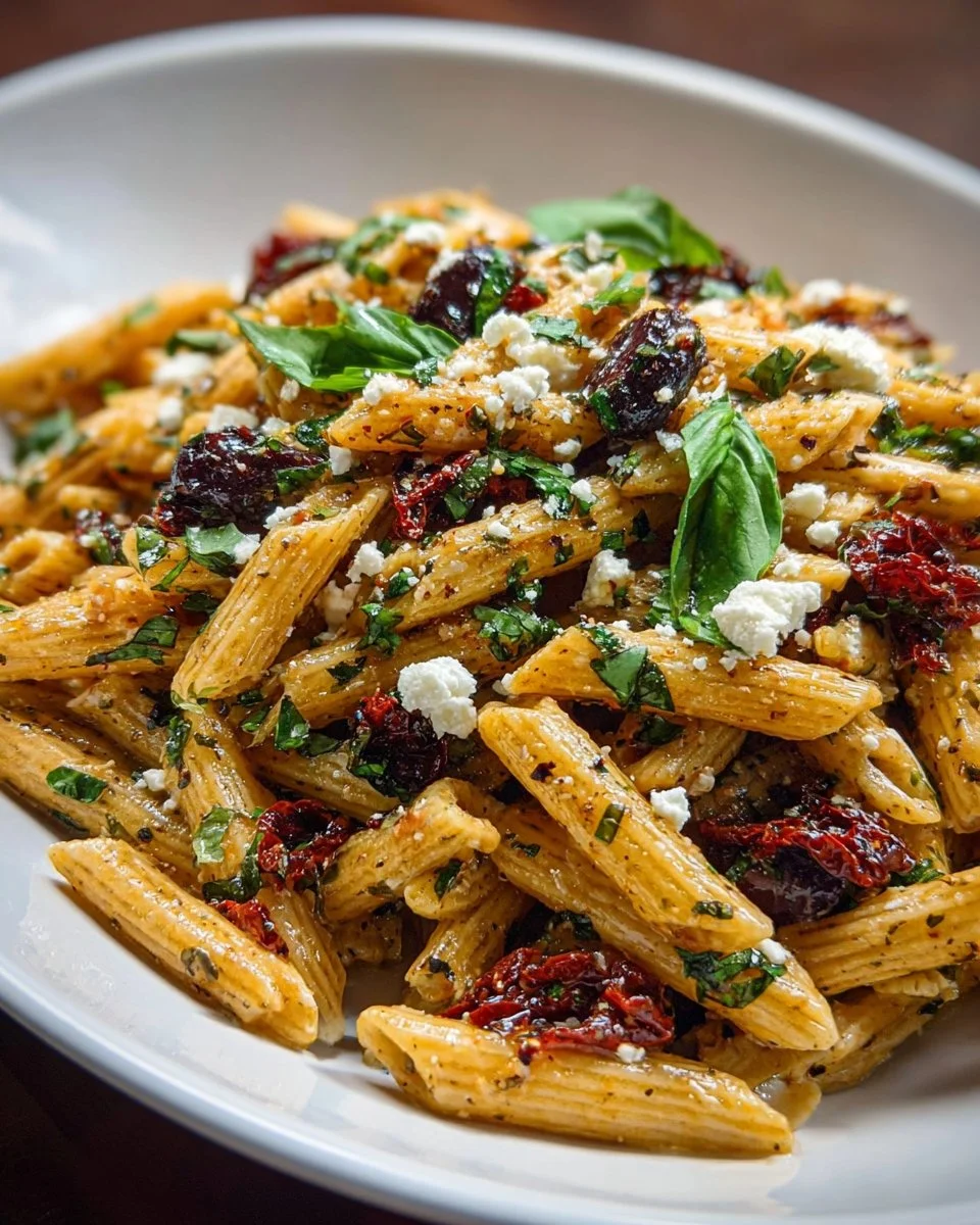 A bowl of colorful Mediterranean pasta with vegetables and herbs.