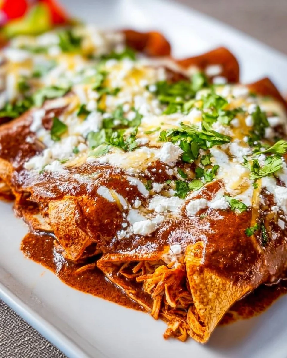 Delicious mole enchiladas topped with fresh garnishes and served on a plate.