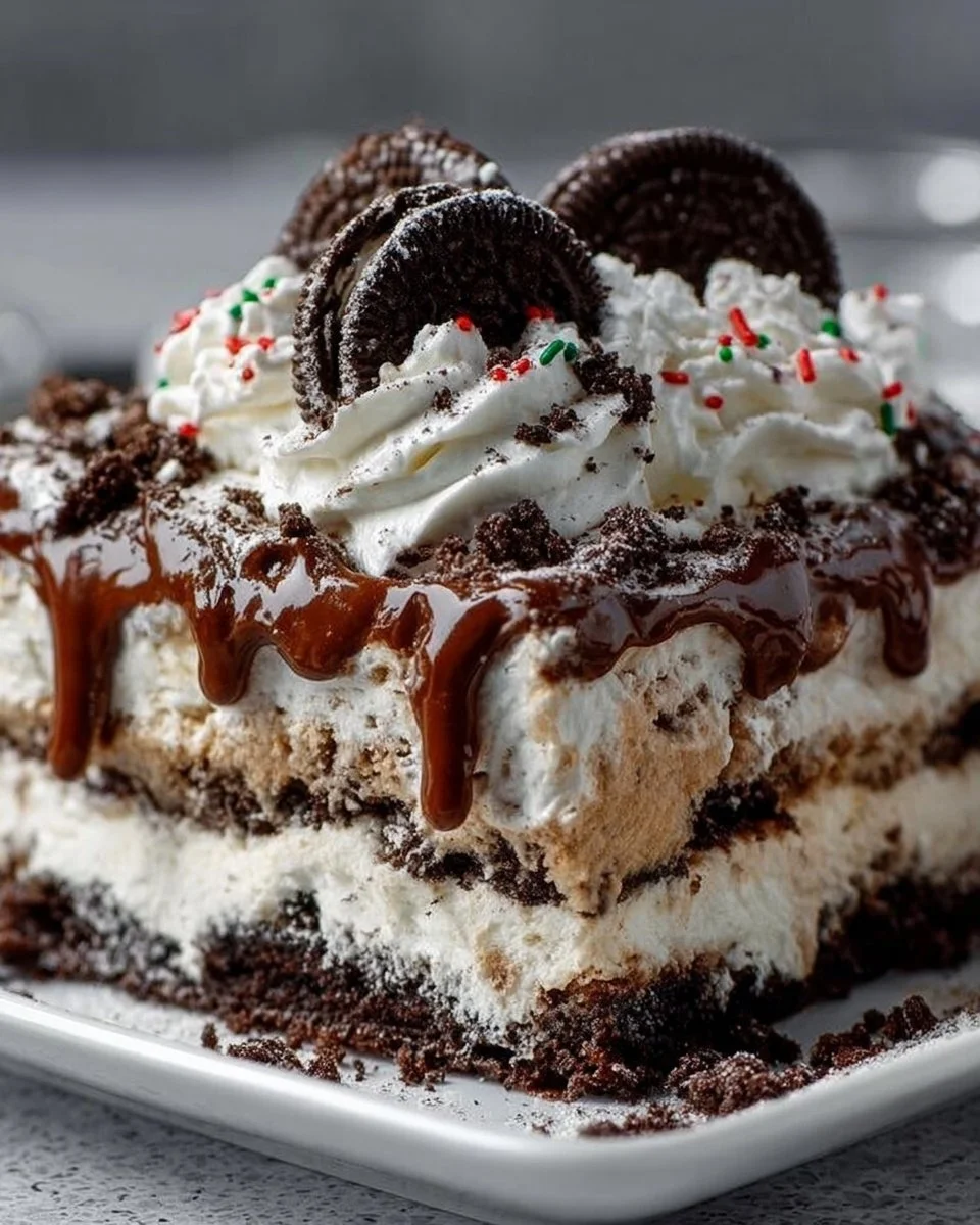 Delicious No-Bake Christmas Oreo Lasagna layered with creamy filling and Oreo cookies