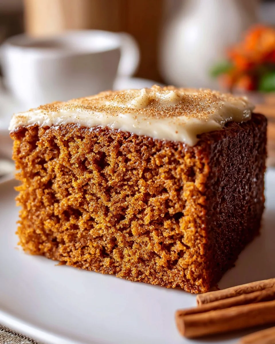 Slice of old fashioned spice cake with warm spices and frosting
