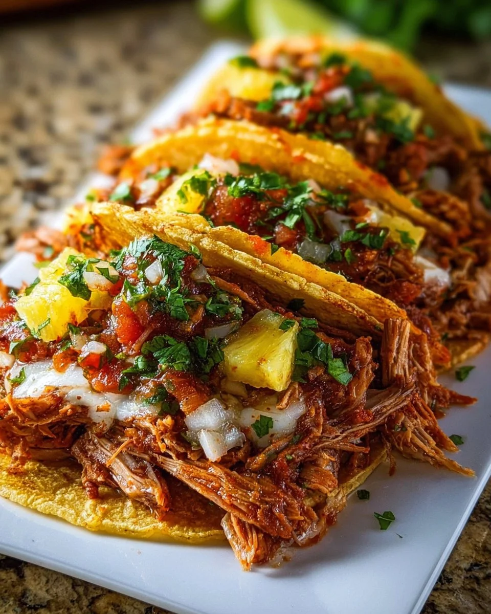 Delicious Pork Tacos Pastor Style garnished with fresh toppings