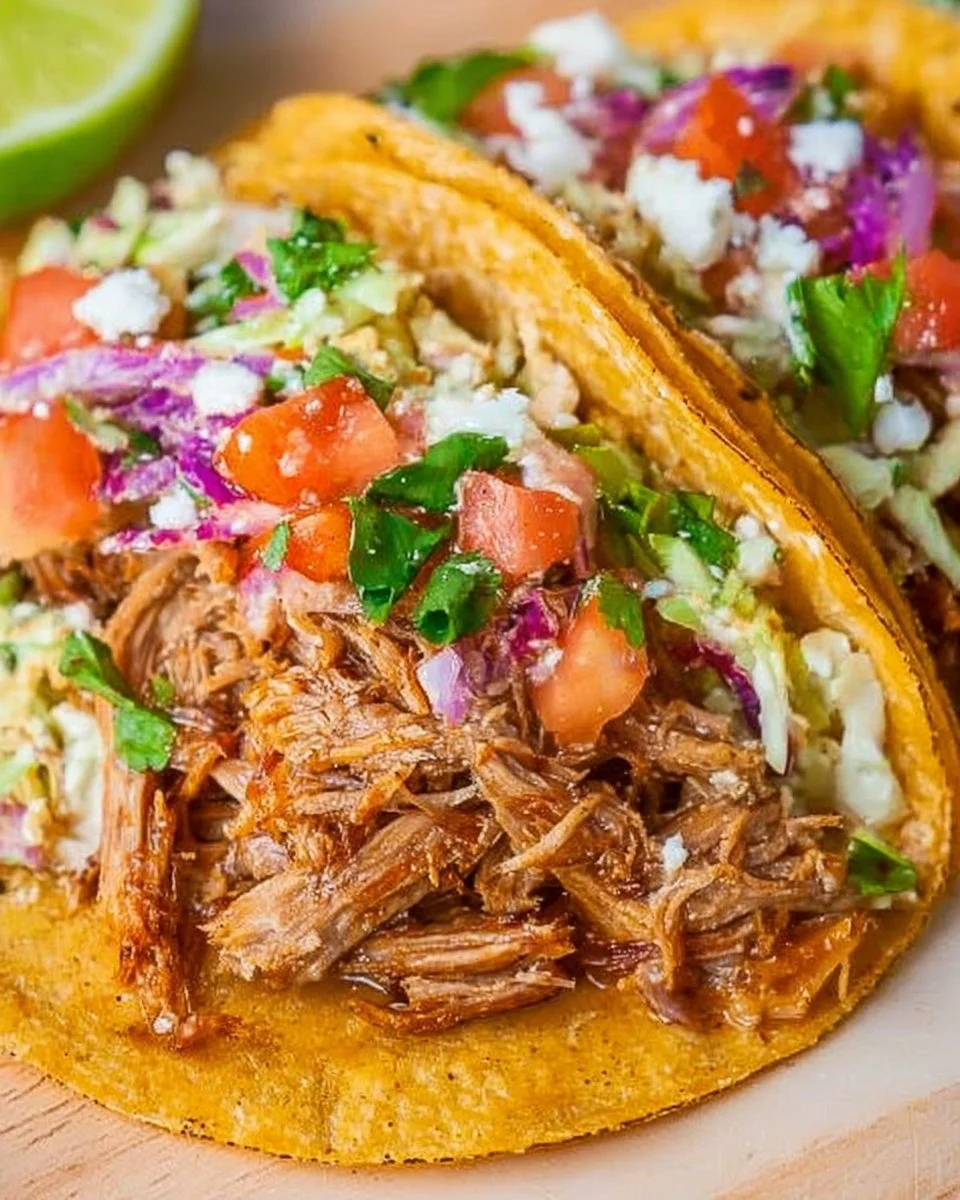 Delicious pulled pork tacos topped with fresh ingredients