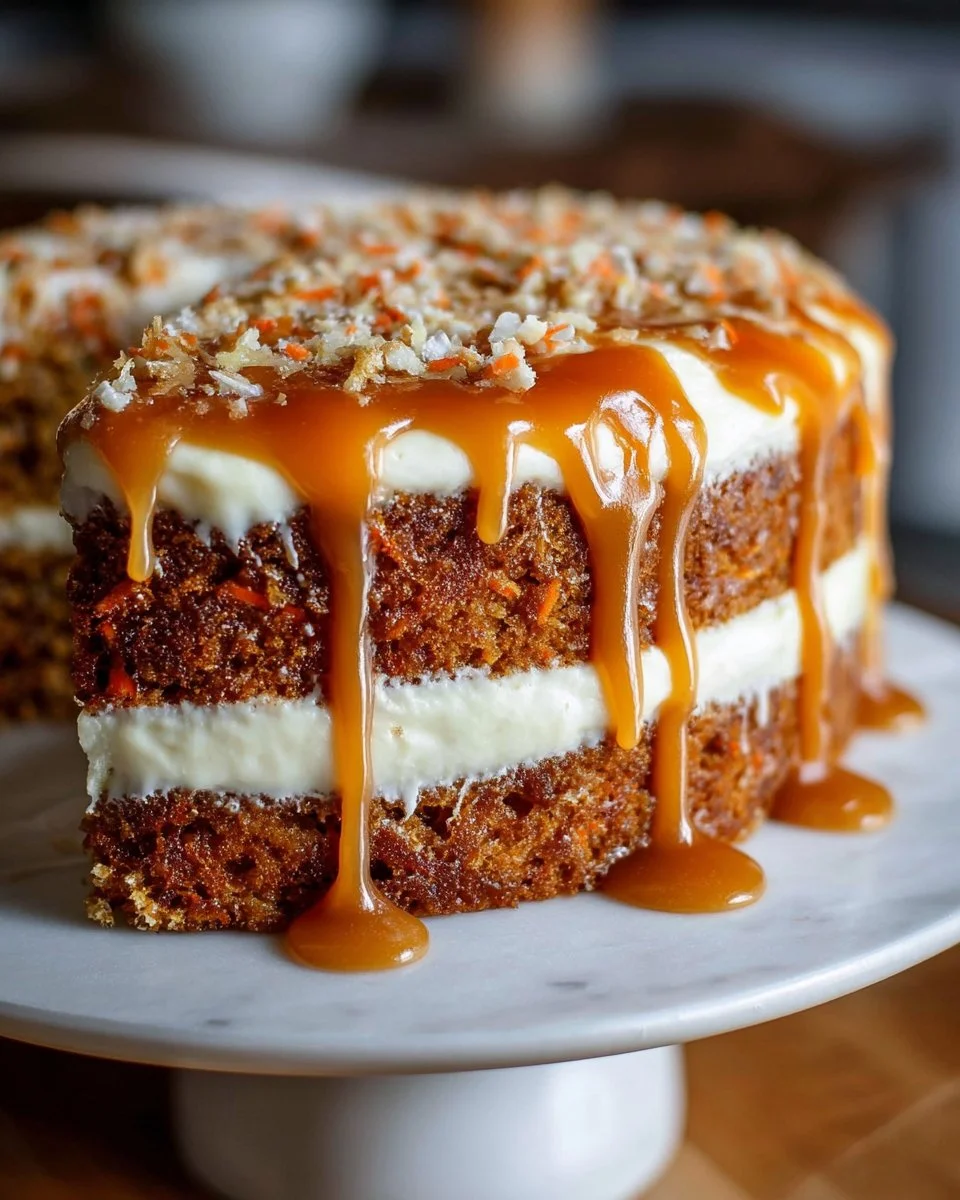 Slice of salted caramel carrot cake with cream cheese frosting and caramel drizzle