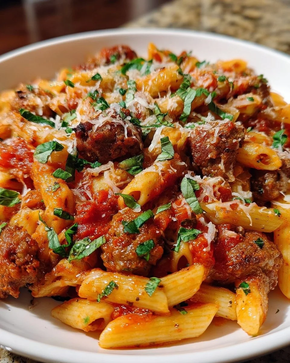 Delicious plate of Italian sausage pasta topped with herbs and cheese