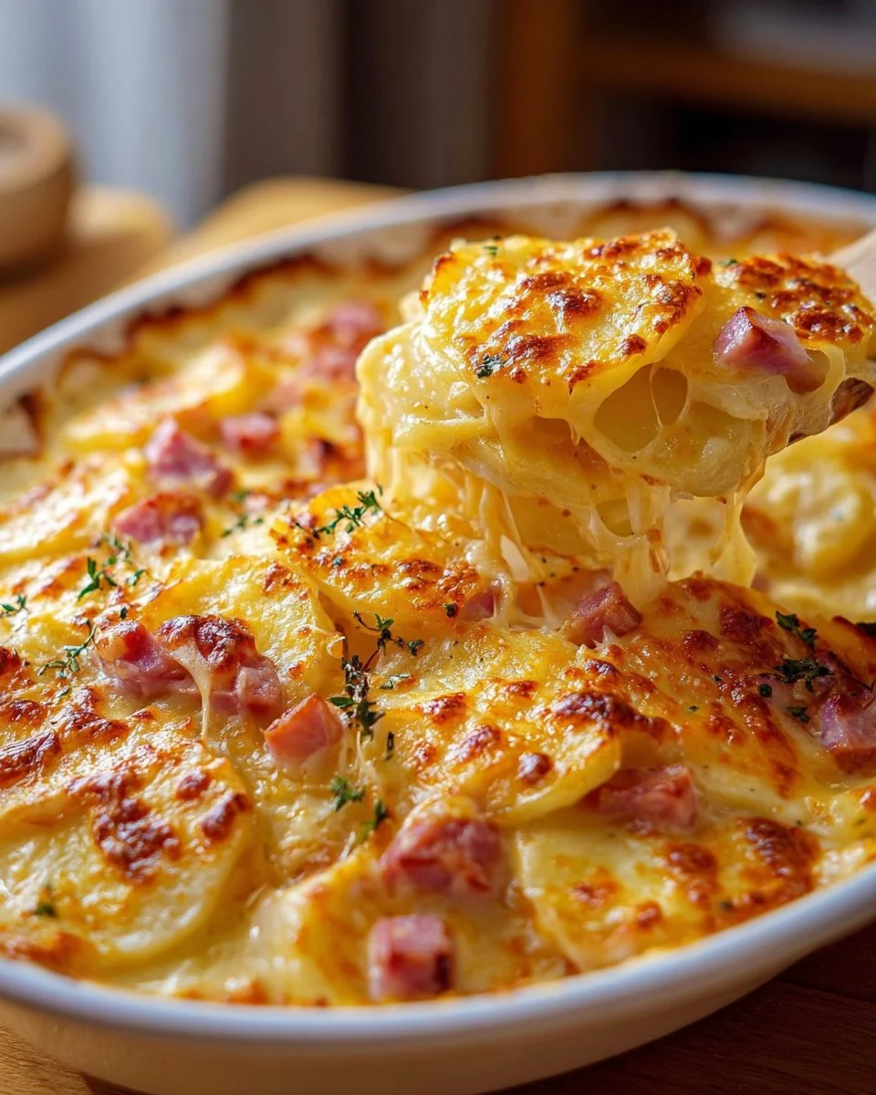 Baked scalloped potatoes with ham and cheese served in a dish