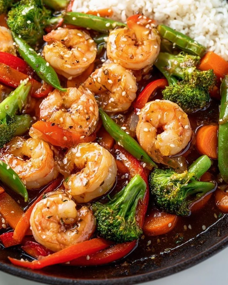 Colorful shrimp stir fry with vegetables in a skillet