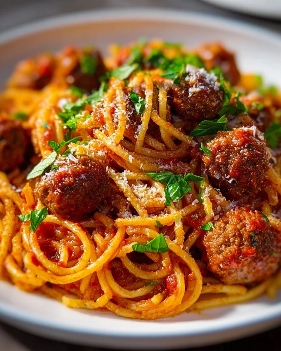 A plate of spaghetti and meatballs garnished with parsley and parmesan cheese.