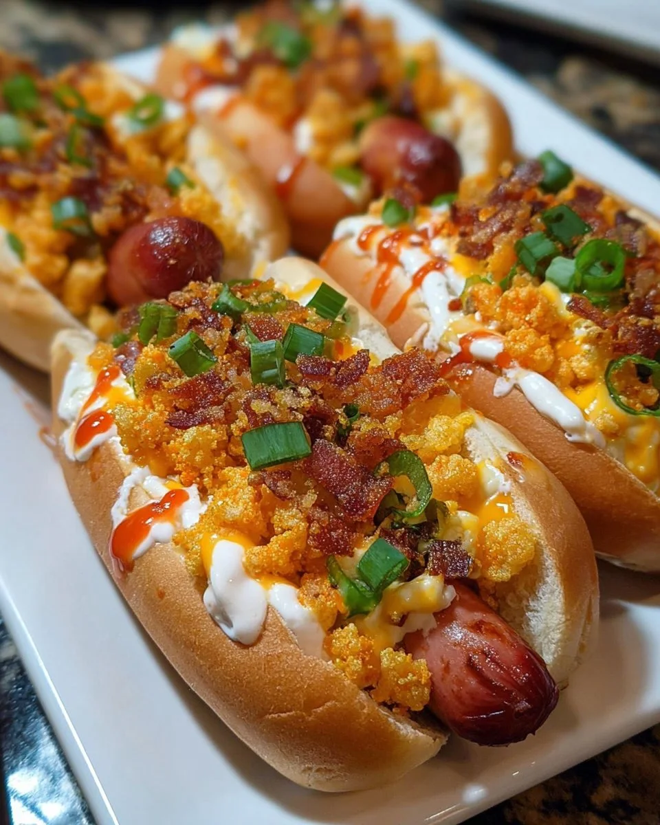 Spicy Flaming Cheetos Hot Dogs topped with crunchy Cheetos and spicy condiments
