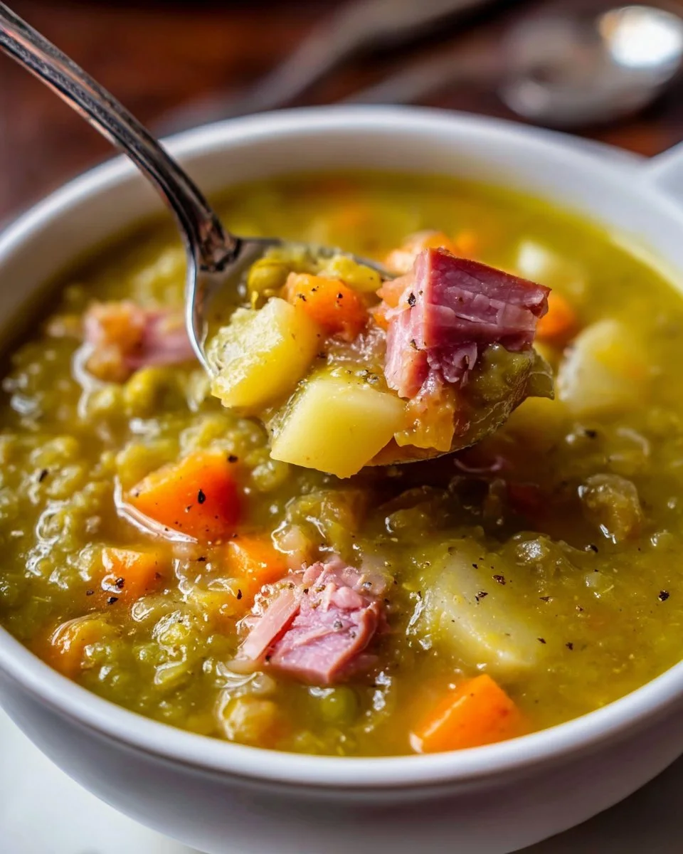 Bowls of delicious homemade split pea soup garnished with herbs