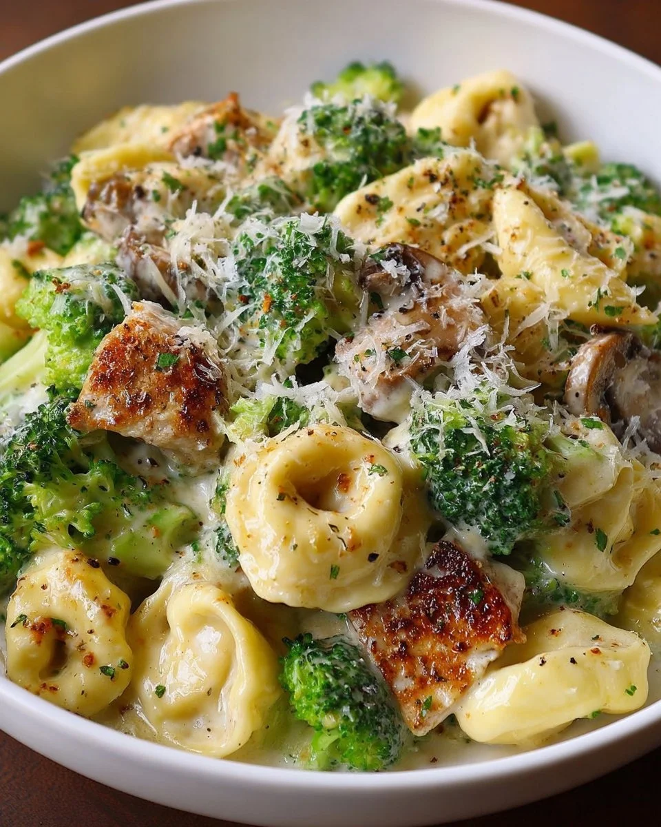 Creamy Tortellini Alfredo served in a bowl with parsley garnish