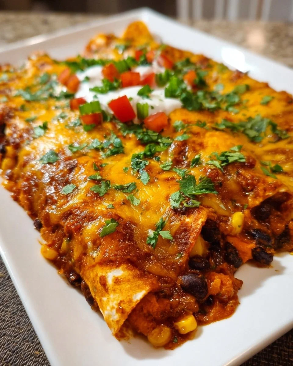 Plate of vibrant vegetarian enchiladas topped with fresh cilantro and cheese