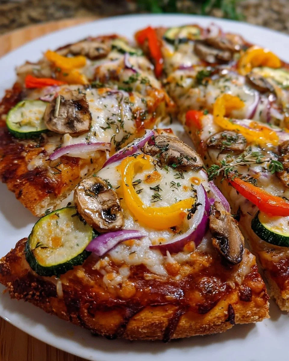 Delicious veggie pizza topped with fresh vegetables and cheese.